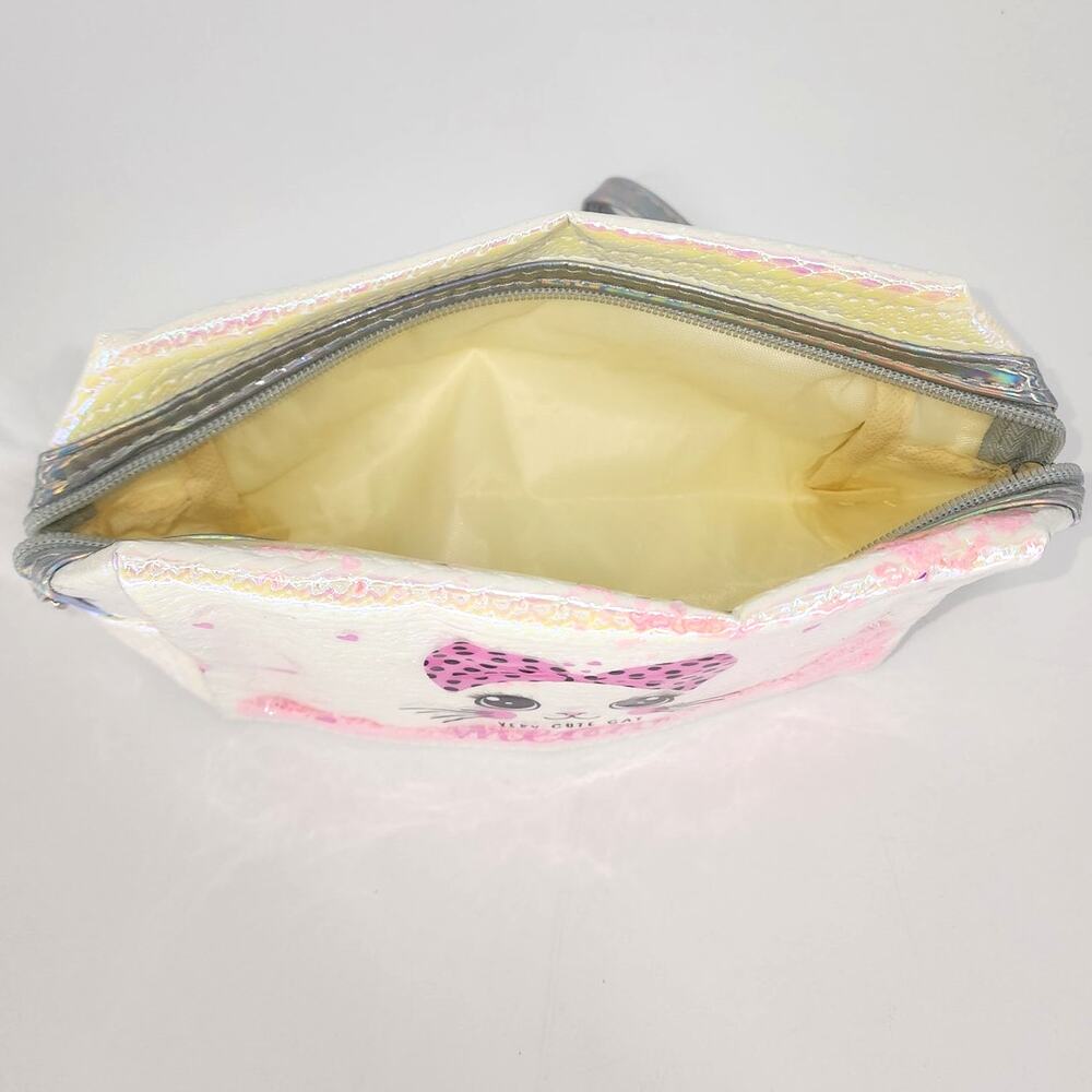 3-Piece Holographic Cat Makeup Bag Bundle Pom Pom Wristlet Cosmetic Pouches - Picture 6 of 6
